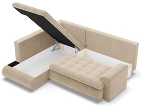 Tokio sarokkanapé, L alakú háttámlával, 2 ágyneműtartóval, kordbársony, baloldali, bézs