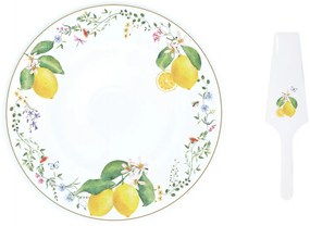 Porcelán tortatál lapáttal, 32cm, dobozban, Fleurs et Citrons