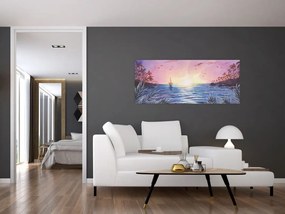 Kép - naplemente a víz felett, akvarell (120x50 cm)