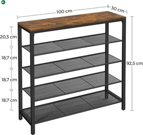 Cipőtároló polc 4 fém hálós polccal, rusztikus barna 100x30x92cm