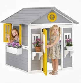 Outsunny fa játékház beltéri/kültéri — ajtó, ablakok, virágládák, polcok — szürke, 3–8 év | Aosom