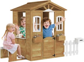 Outsunny Tömörfa Gyermek Játszóház, Kerti Játszóház Ablakokkal, Kerítéssel, Virágládával és Padokkal, 205x119x140 cm, Természetes Fa és Fehér | Aosom