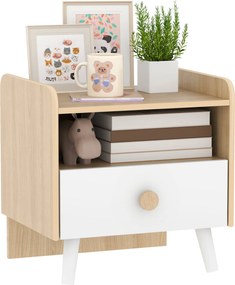 AIYAPLAY Gyermek Fa Éjjeliszekrény Fiúknak és Lányoknak +3 Év, Fiókkal és Lekerekített Sarkaival, Tölgy és Fehér Szobába | Aosom