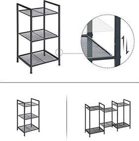 Fém polc, 3 szintes polc, bővíthető, állítható polcok, ipari design, fekete
