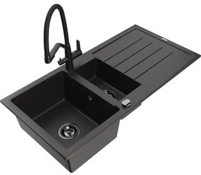 Mexen Andres 1,5 medencés gránit mosogató lefolyóval és konyhai csappal Duo, fekete/arany metál - 6515-75-671701-70-B