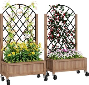 Outsunny 2 darabos Kertető Ágyás Kerekekkel, Rács, Espalier Virágcserép Fa Virágládával, Kert Espalier 52x25x97 cm Balkon Teraszon, Virágcserép Mászó