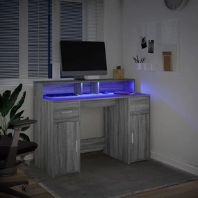 szürke sonoma színű szerelt fa íróasztal LED-ekkel 120x55x91 cm
