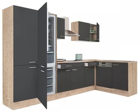 Yorki 340 sarok konyhabútor sonoma tölgy korpusz,selyemfényű antracit fronttal polcos szekrénnyel és alulfagyasztós hűtős szekrénnyel