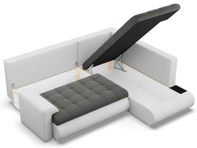 Tokio sarokkanapé, L alakú háttámlával, 2 ágyneműtartóval, bársony + műbőr, jobboldali, szürke - fehér