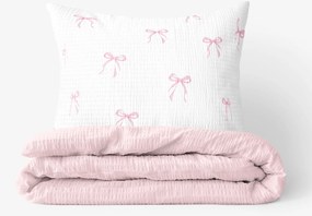 Goldea krepp ágyneműhuzat duo - rózsaszín masnik, púderrózsaszín hátoldal 140 x 220 és 70 x 90 cm