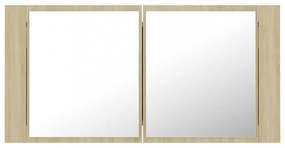tölgyszínű akril LED-es tükrös fürdőszobaszekrény 90x12x45 cm