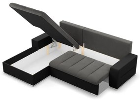 Toronto sarokkanapé, 2 ágyneműtartóval, bársony + műbőr, baloldali, szürke - fekete