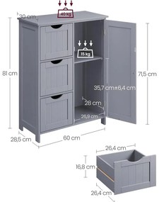 Fürdőszobai szekrény, komód, 3 fiókkal, Állítható polc, 30 x 60 x 81 cm, szürke