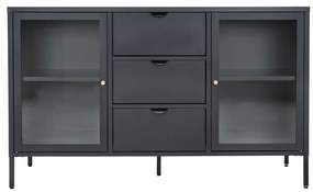 Dalby vitrines komód, 2 ajtó, 3 fiók, acél, fekete 140x40x85 cm