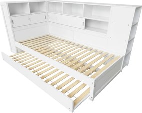 Ágy polcokkal és pótággyal, fehér, 90x200, LENDON