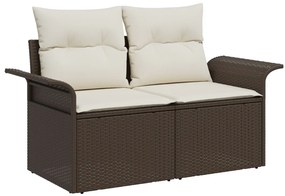 7 részes kerti kanapé szett párnákkal, barna poli rattan, 2 személyes kerti kanapé tárolóval és párnákkal, barna poli rattan