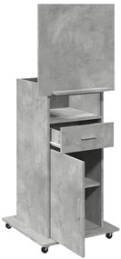 betonszürke szerelt fa állópult kerékkel és fiókkal 55x55x107cm
