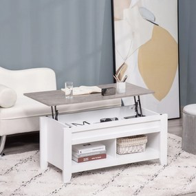 HOMCOM Lift-Top Kávasztalemelő Felülettel, 2 Nyitott Rekesszel és Rejtett Tárolóhellyel 105x50x49 cm Fehér és Márványhatású | Aosom