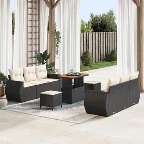 9 darabos kertibútor szett párnákkal fekete poly rattan akácia, 3 darabos kertivacsora szett párnákkal fekete poly rattan akácia