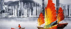 Festmény - Victoria Harbour, Hong Kong, fekete-fehér olajfestmény (120x50 cm)