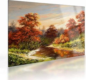Kép egy folyóról egy őszi tájban, olajfestmény (üvegen) (70x50 cm)