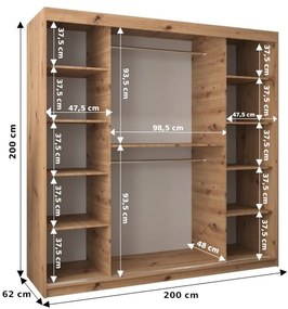 ADELA tükrös gardrób szekrény - 200 cm, fekete / artisan tölgy