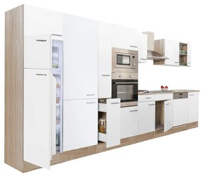 Yorki 430 konyhablokk sonoma tölgy korpusz,selyemfényű fehér fronttal felülfagyasztós hűtős szekrénnyel