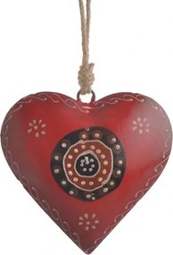 Medál szív fém piros-fekete fehér mintás juta zsinór 11,5 cm