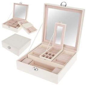 Exclusive megjelenésű ékszertároló doboz, 16 rekeszes, 2 szintes, dupla tükörrel, zárható, fehér színben
