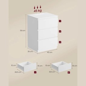 ZION éjjeliszekrény töltő funkcióval, 35x40x59 cm, fehér Vasagle