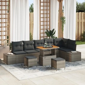 9 részes kertibútor szett párnákkal szürke poli rattan akác, 2-fős kertibútor párnákkal szürke poli rattan, 3 részes kert dining szett párnákkal szürke poli rattan akác