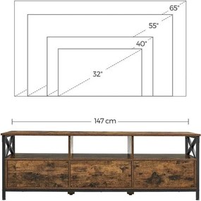 TV-állvány 3 fiókkal és tárolópolcokkal, 147 x 50 x 40 cm, rusztikus