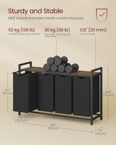 Szennyestartó, 4 rekeszes ruhaszeparáló kosár 116×33×72 cm, fekete és rusztikus barna