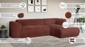 Terrakotta színű kordbársony sarokkanapé (jobb oldali-heverő résszel) Merid – Ropez