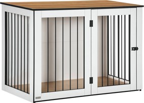 PawHut Modern Acél Kutya Ketrec Bútor Ablakos Ajtókkal Nagy Kutyák Számára, Maximum 30 kg-ig, 106 x 60 x 76 cm, Tölgy+Fehér | Aosom