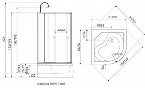 Karolina 90x90 cm íves mélytálcás hidromasszázs zuhanykabin
