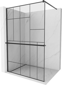Mexen Kioto +, zuhany paraván polccal és törölközőtartóval 110 x 200 cm, 8mm üveg átlátszó üvegmintás fekete, fekete profil, 800-110-121-70-78