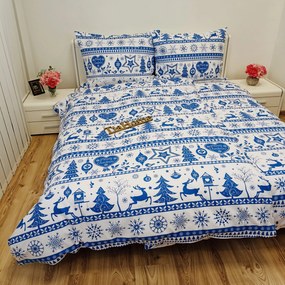 Pamut lepedők Karácsonyi lepedők Rénszarvas fehér-kék TiaHome - 1x Párna 90x70cm, 1x Paplan 140x200cm