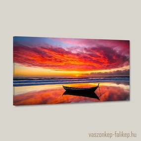 Csónak a tükröződő naplementében tájkép – nyugalmat árasztó prémium falikép 60x34 cm