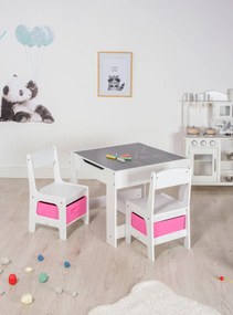 Ourbaby gyerekasztal székekkel, rózsaszín dobozokkal