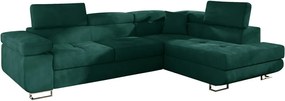 Zöld bársony kinyitható-tárolóhelyes sarokkanapé (jobb oldali-L alakú) Anton – ELTAP
