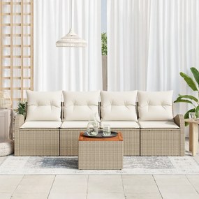 5 Darabos Kerti Sofa Szett Párnákkal Bézs Poli Rattan Akáciával