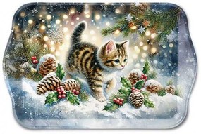 Karácsonyi cicás műanyag kis tálca 13x21 cm Cute cat in the snow