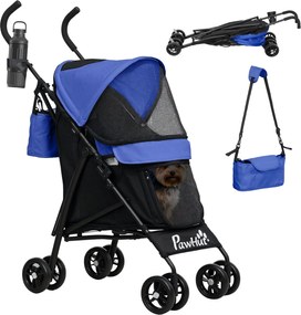 PawHut Kutya Babakocsi Összecsukható Kutya és Macska Babakocsi Hálós Ablakokkal, Vállpánttal, Tárolótáskával és Pohártartóval, Sötét Kék | Aosom