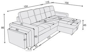 PALERMO ággyá alakítható kanapé tárolóval és puffal, világosszürke, balos kivitel