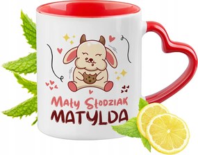 Piros bögre szív alakú füllel Matildának Ajándék