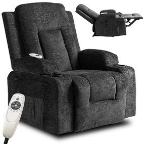 Elektromosan Vezérelhető Masszázsfunkciós Relaxfotel Vintage Fekete Szövet Kárpittal. BOX