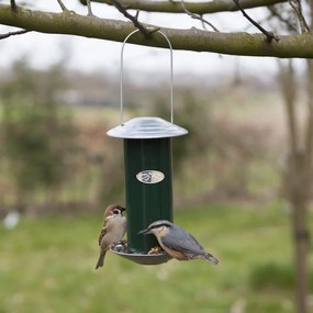 Felakasztható önadagolós fém madáretető, sötétzöld, 23 cm