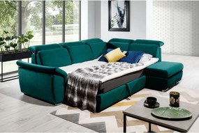 Zöld bársony kinyitható-tárolóhelyes sarokkanapé (jobb oldali-L alakú) Loreto – ELTAP