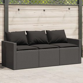 Fekete 3 személyes polyrattan kerti kanapé párnákkal